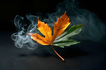 Autumn maple leaf and smoke on black background.