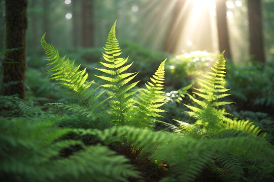 Green fern in the forest at sunrise.