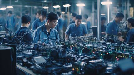 Fototapeta na wymiar Asian workers in a technology production facility, working alongside industrial machines and cables to assemble electronic smartphones