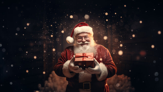 Portrait of the real, good old Santa Claus holding gift box in snowflakes surround