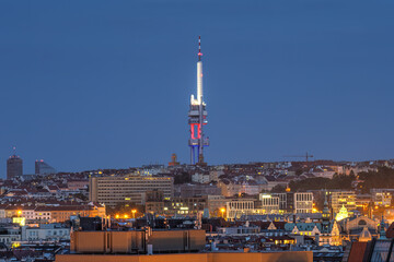The Zizkov TV Tower and the city of Prague, Czech Republic, at dusk