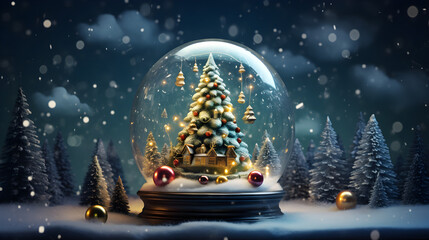 Winter Wonderland, Magical Christmas Tree and Snow Globe - obrazy, fototapety, plakaty