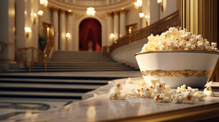 Close - up of popcorn against the backdrop of a palace staircase