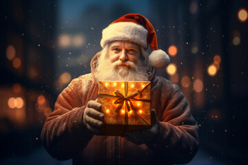 Santa Claus or Saint Nicholas holding magic gift box. Christmas time. Fairytale