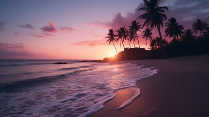 Fototapeta na wymiar Island paradise, sea turtle swims calmly as purple dusk light engulfs swaying palm trees and turquoise waves on tropical shore