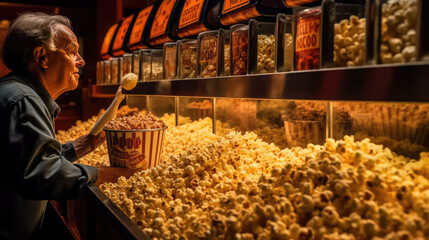 Close - up photo of a bucket of fresh popcorn is taken from its basket inside a movie theater - obrazy, fototapety, plakaty
