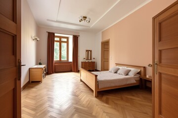Fototapeta na wymiar Spacious, clean room, wooden frame, elegant interior, bright walls. Generative AI