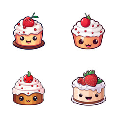 set of happy cute cake watercolor illustrations for printing on baby clothes, pattern, sticker, postcards, print, fabric, and books