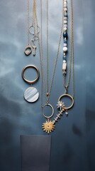 a textured background surrounded by Necklaces Rings and Bracelets, vertical format, background image, generative AI