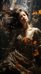 Hyperrealistic drawing of a beautiful mermaid in the shape of a woman underwater.