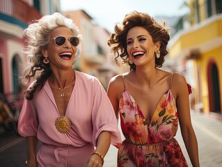 mother and daughter together smiling walking through the city streets.