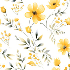 Fototapeta na wymiar Seamless pattern Yellow flowers and leaves swirling on a white background, water color