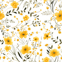 Seamless pattern Yellow flowers and leaves swirling on a white background, water color