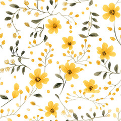 Fototapeta na wymiar Seamless pattern Yellow flowers and leaves swirling on a white background, water color