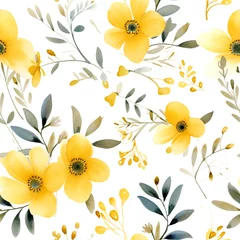 Foto op Canvas Seamless pattern Yellow flowers and leaves swirling on a white background, water color © Sirichai Puangsuwan