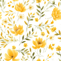 Seamless pattern Yellow flowers and leaves swirling on a white background, water color
