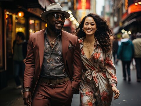 Multiracial Couple Of Older African Man And Oriental Woman Walking On The Street.