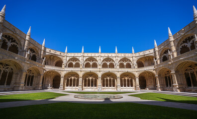 Jeronimos Monastery In Lisbon. Wide angle photo during sunset with the interior courtyard of this...