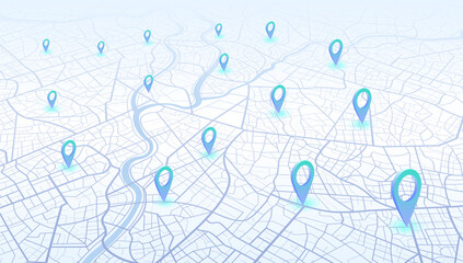 Urban map for travel. Multiple destinations with location system. Abstract map city. Direction markers for navigation to town. Location system. Route distance data, path turns. destination tag, Vector