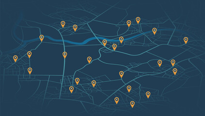 Location EV charging station location mark on gps navigation map a lot with fast supercharger station. Path turns and destination tag or mark. Huge city top view Tracking path, route. vector isometric