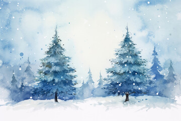Watercolor Greeting card of Christmas trees in the forest