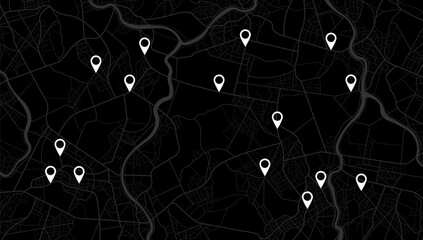 Urban map for travel. Multiple destinations with location system. Abstract map city. Direction markers for navigation to town. Location system. Route distance data, path turns. destination tag, Vector
