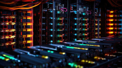 Close up photo of networking cable management in a bustling data center, server data room