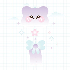 Vector Kawaii Cute Purple Bear Wind Chime Vector Illustration.  Kawaii Japanese Wind Bell