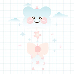 Vector Kawaii Cute Blue Bear Wind Chime Vector Illustration. Kawaii Japanese Wind Bell