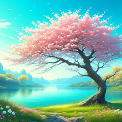 Fototapeta premium Big enchanted cherry blossom tree next to light blue river, created with Generative AI technology