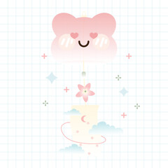 Vector Kawaii Cute Purple Pink Bear Wind Chime Vector Illustration. Kawaii Japanese Wind Bell