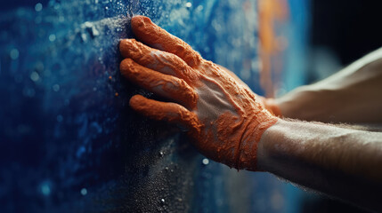 Close-up shot of a worker's hands gripping a car wash sponge as they meticulously clean a vehicle - obrazy, fototapety, plakaty