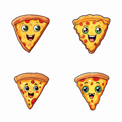 set of happy cute pizza watercolor illustrations for printing on baby clothes, pattern, sticker, postcards, print, fabric, and books