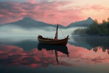 Vintage boat on lake at dawn in 3D. Generative AI