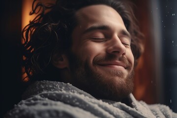 happy young man sleeping and smiling, wearing a warm coat; being warm in a cold climate concept