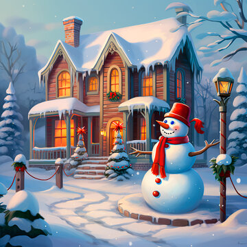A beautiful snowman near a house decorated for Christmas. Warm image colors