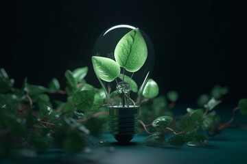 Green plant with light bulb. Eco energy, creative idea. Sustainable environment. 3D render. Generative AI