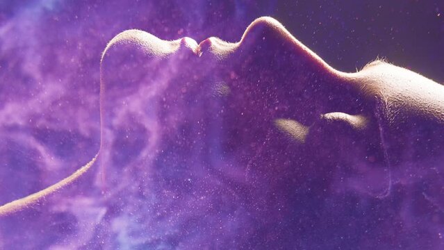 Vertical video. Female universe. Spiritual aura. Enlightenment nirvana zen. Astral eternity. Double exposure woman face on neon glow purple blue smoke motion abstract background.