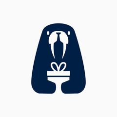 walrus is holding birthday gift Logo Cartoon Mascot character vector icon illustration