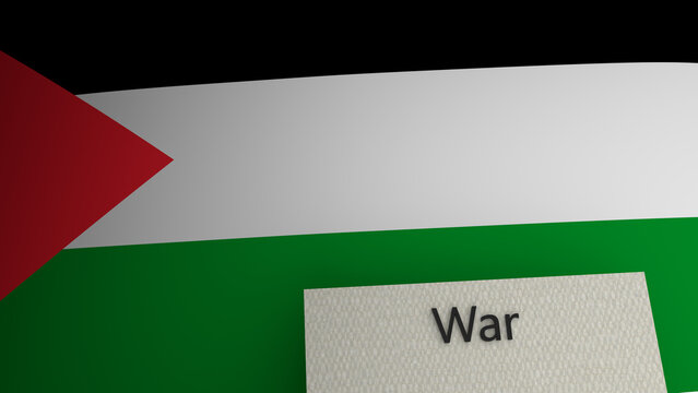 War text representation above the flag of Palestine. 3d render.
