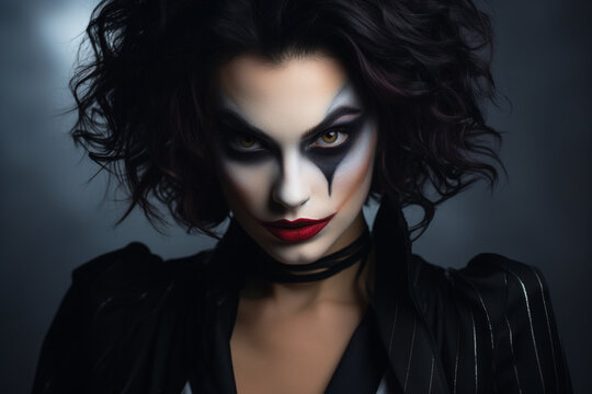 Beauty, fashion, make-up, Halloween concept. Beautiful brunette woman with joker makeup on her face looking at camera. Generative AI