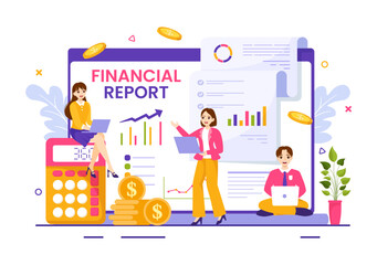 Financial Report Vector Illustration with Data Charts, Graphs and Diagrams on Finance Transaction, Analysis and Statistic Online in Flat Background