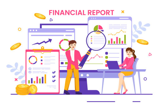 Financial Report Vector Illustration with Data Charts, Graphs and Diagrams on Finance Transaction, Analysis and Statistic Online in Flat Background