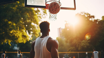 Young african american man playing basketball at sunset. Sport and active lifestyle concept