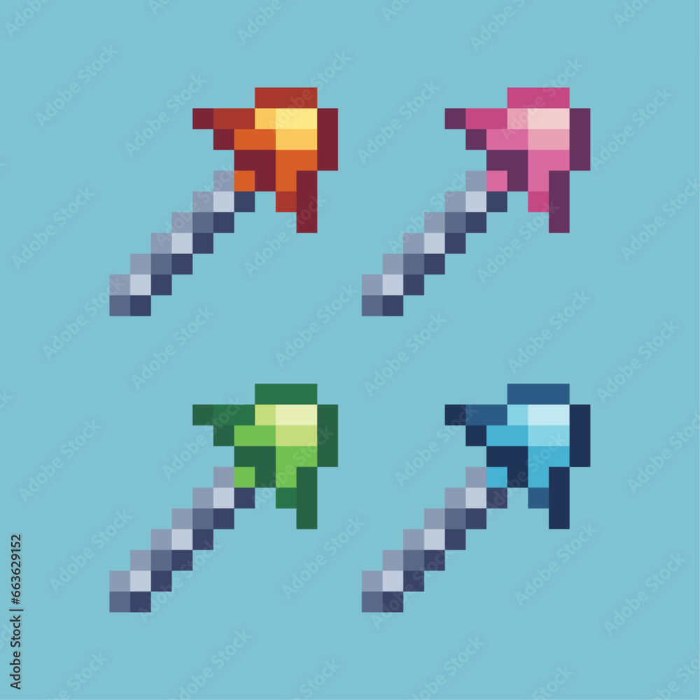 Poster pixel art sets of wand with variation color item asset. simple bits of magic wand on pixelated style