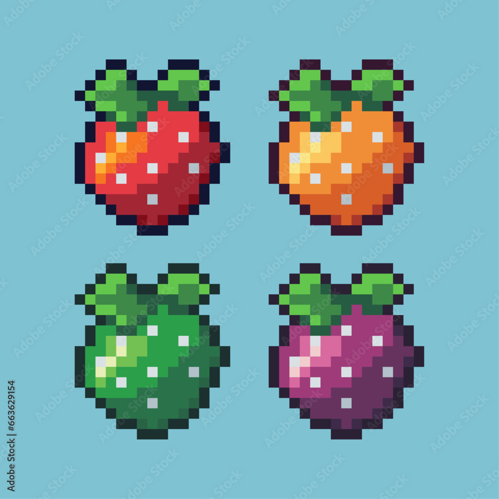 Poster pixel art sets of berries fruit with variation color item asset. simple bits of berries fruit on pix