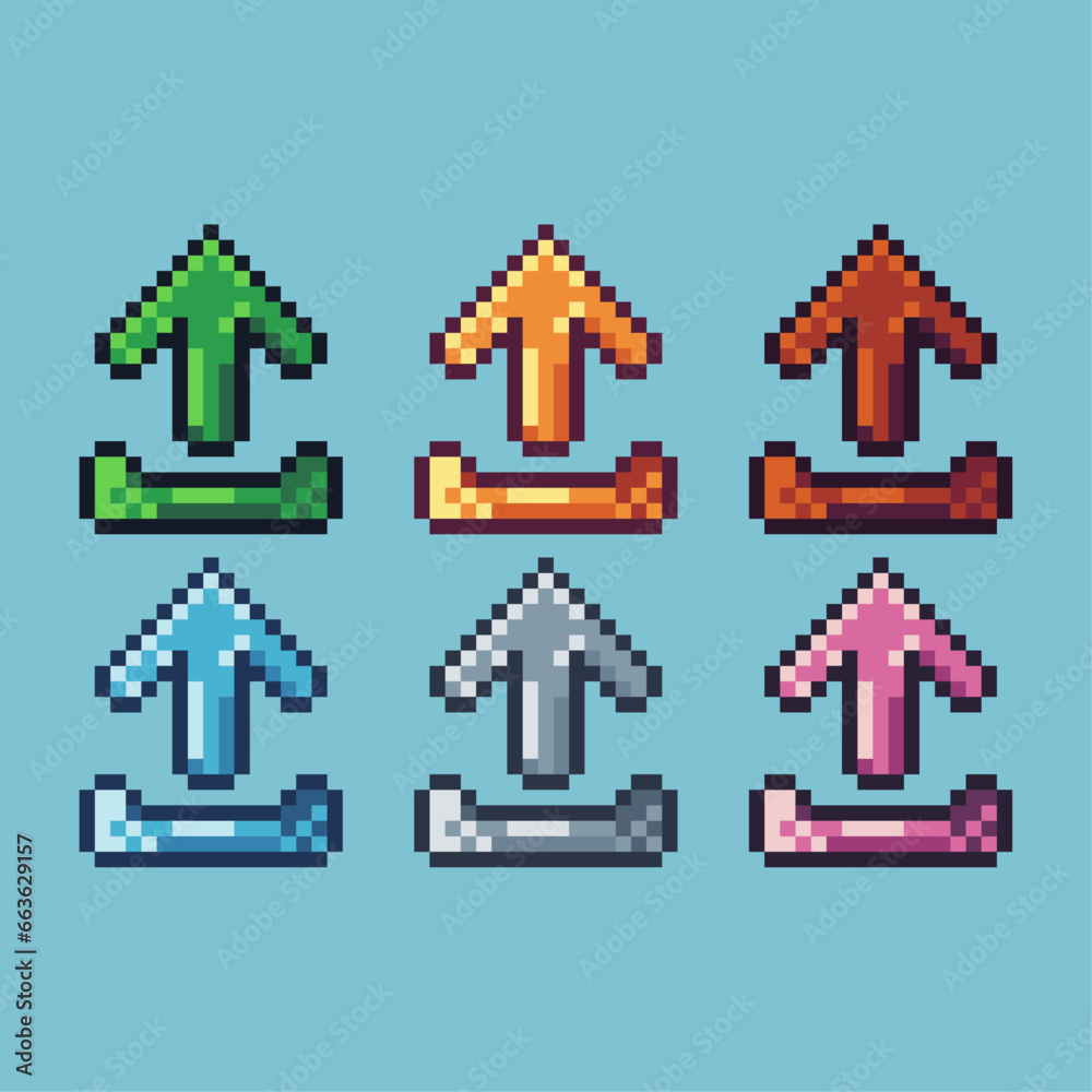 Poster pixel art sets of download icon with variation color item asset. simple bits of gold download icon o