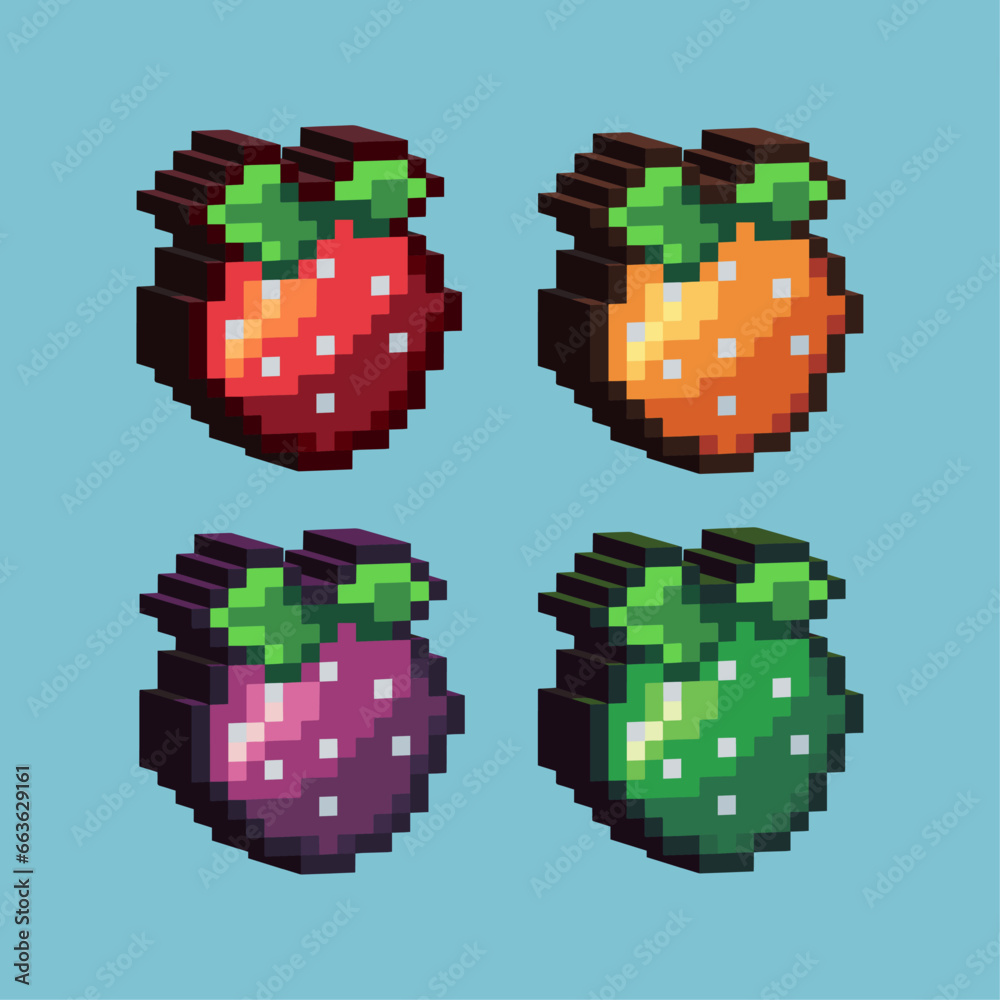 Poster isometric pixel art 3d of berries food for items asset. berries on pixelated style.8bits perfect for