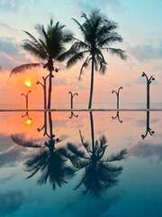 Background outdoor sunset over pool at coconut tree summer beach resort, tropical landscape beautiful. - 663629103