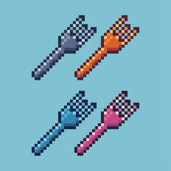 Fototapeta premium Pixel art sets of gold fork with variation color item asset. Simple bits of gold fork on pixelated style. 8bits perfect for game asset or design asset element for your game design asset.